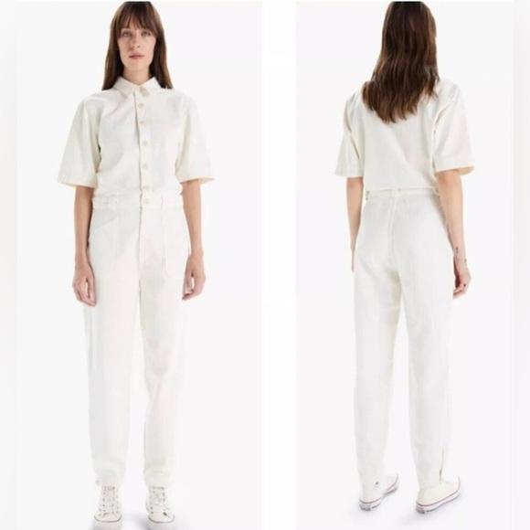 Mother  Small The Elbow Grease Jumpsuit Button Front Short Sleeve Flood Ivory - Picture 1 of 11